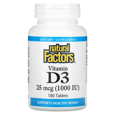 Витамин D3 / Vitamin D3, Natural Factors, 25 мкг (1000 МЕ), 180 таблеток