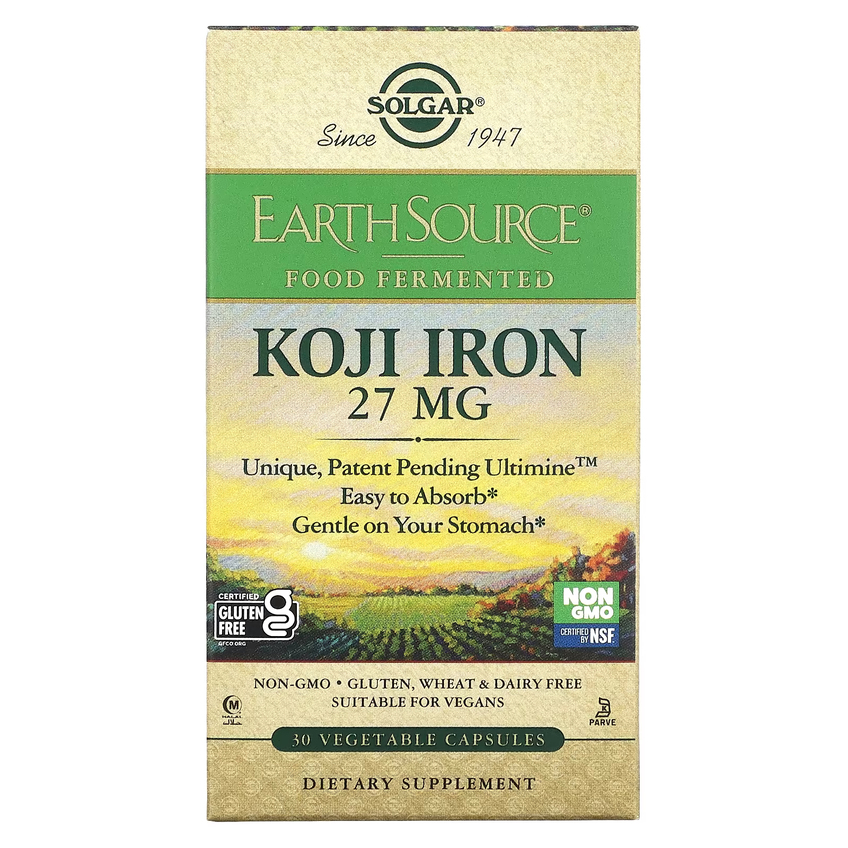 Железо коджи ферментированное / EarthSource Food Fermented Koji Iron, Solgar, 27 мг, 30 вегетарианских капсул