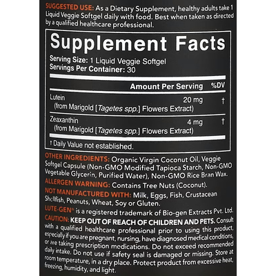 Лютеин и зеаксантин с кокосовым маслом / Lutein and Zeaxanthin with Coconut Oil, Sports Research, 20 мг + 4 мг, 30 вегетарианских гелевых капсул