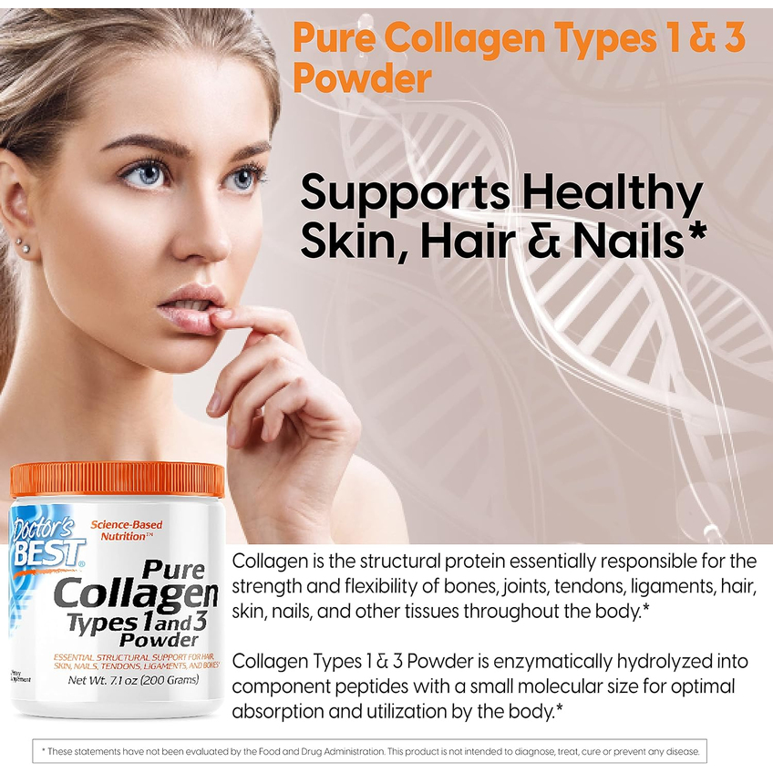 Чистий колаген типів 1 та 3 у порошку / Pure Collagen Types 1 and 3 Powder, Doctor's Best, 200 г
