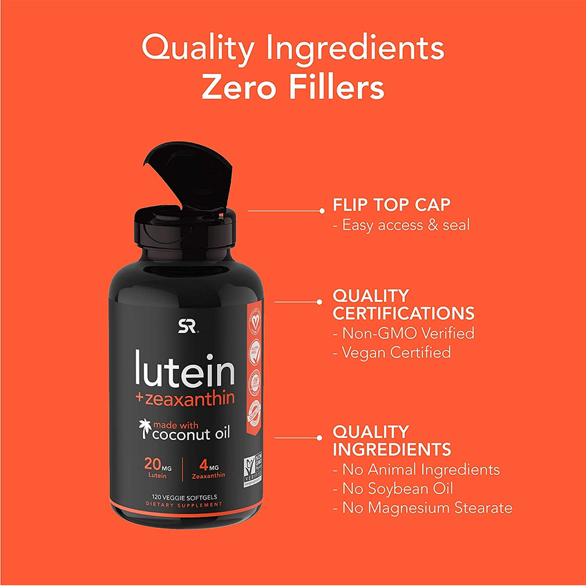 Лютеин и зеаксантин с кокосовым маслом / Lutein and Zeaxanthin with Coconut Oil, Sports Research, 20 мг + 4 мг, 120 вегетарианских гелевых капсул