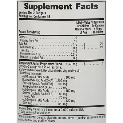 Омега-3-6-9 юниор со вкусом лимона / Source of Life Animal Parade Omega-3-6-9 Junior Lemon Flavor, Nature's Plus, 90 гелевых капсул