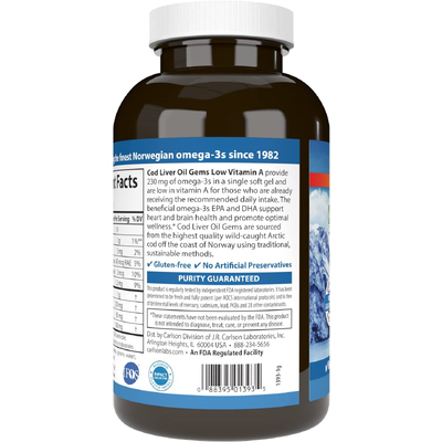 Жир печінки тріски з вітаміном А з лимонним смаком / Cod Liver Oil Gems Low Vitamin A Lemon Flavor, Carlson Labs, 300 гелевих капсул
