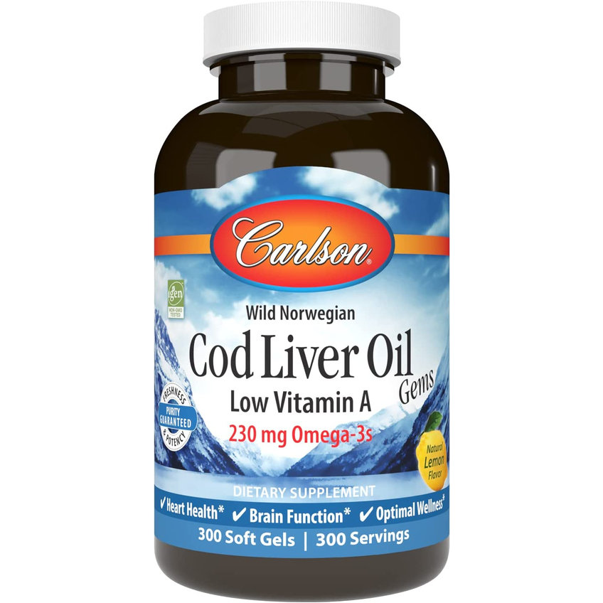 Жир печінки тріски з вітаміном А з лимонним смаком / Cod Liver Oil Gems Low Vitamin A Lemon Flavor, Carlson Labs, 300 гелевих капсул