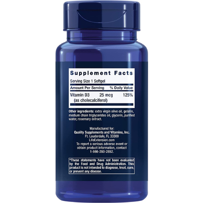 Вітамін D3 / Vitamin D3, Life Extension, 25 мкг, 90 гелевих капсул