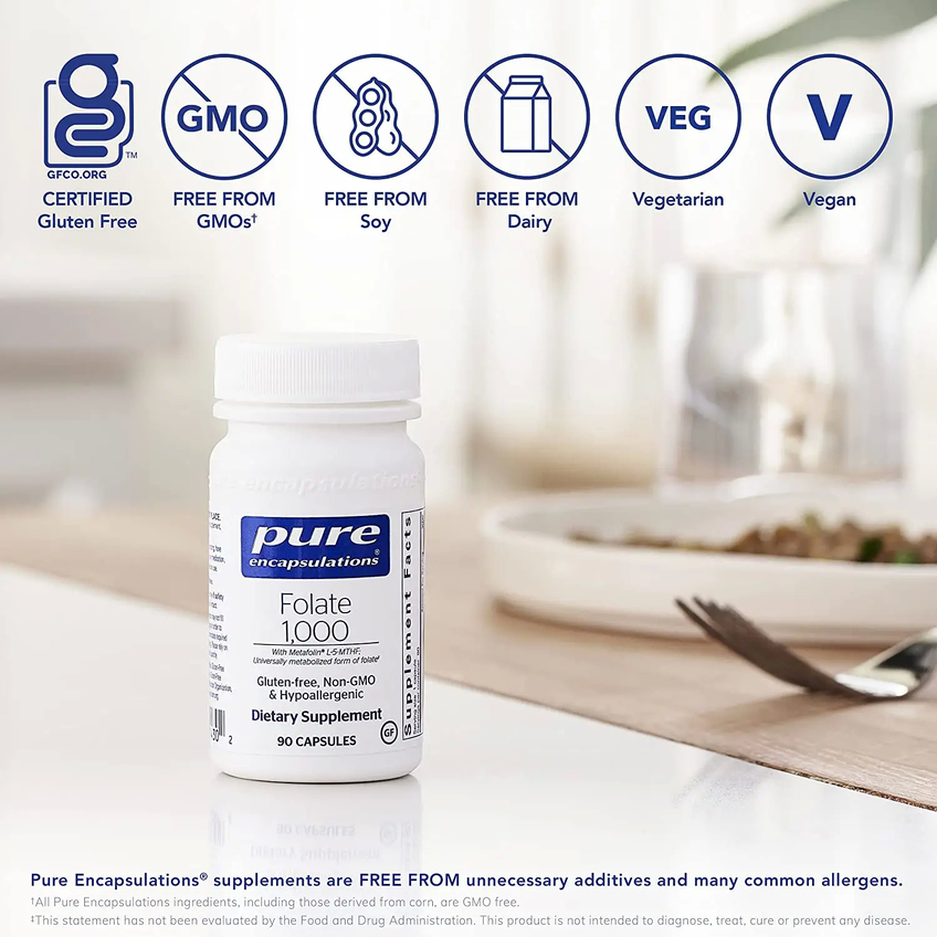 Фолат / Folate, Pure Encapsulations, 1000 мг, 90 капсул