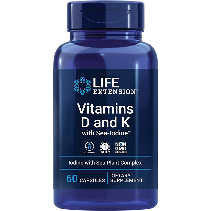 Витамины D и К с йодом / Vitamins D and K with Sea-Iodine, Life Extension, 60 капсул