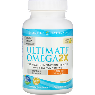 Омега 2X с витамином D3 со вкусом лимона / Ultimate Omega 2X with Vitamin D3, Nordic Naturals, 60 гелевых капсул