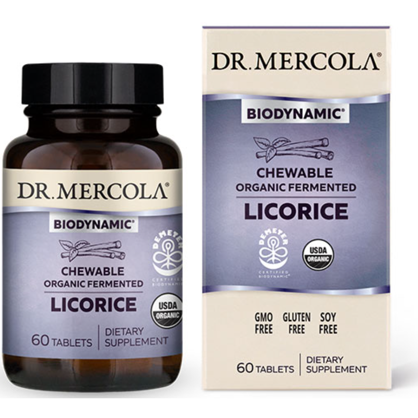 Біодинамік, ферментована солодка з ферментами / Biodynamic Organic Fermented Chewable Licorice, Dr. Mercola, 500 мг, 60 таблеток
