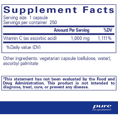 Аскорбиновая кислота / Ascorbic Acid, Pure Encapsulations, 1000 мг, 250 капсул