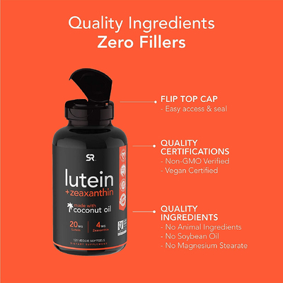 Лютеин и зеаксантин с кокосовым маслом / Lutein and Zeaxanthin with Coconut Oil, Sports Research, 20 мг + 4 мг, 120 вегетарианских гелевых капсул
