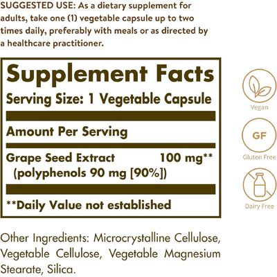 Экстракт виноградных косточек / Grape Seed Extract, Solgar, 100 мг, 60 вегетарианских капсул