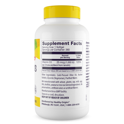 Вітамін D3 / Vitamin D3, Healthy Origins, 25 мкг, 360 гелевих капсул