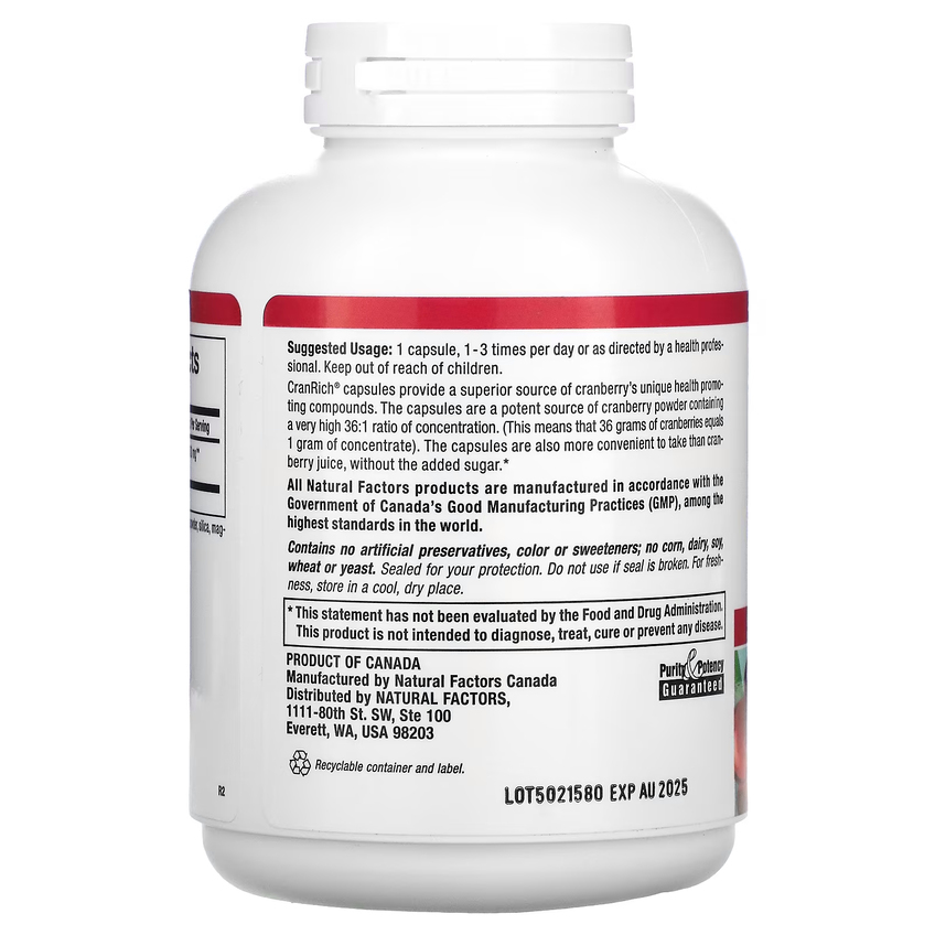Суперконцентрат клюквы / Cranberry Concentrate, Natural Factors, 500 мг, 180 капсул