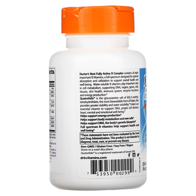 Повністю активний комплекс вітамінів групи B із Quatrefolic / Fully Active B Complex with Quatrefolic, Doctor's Best, 30 вегетаріанських капсул