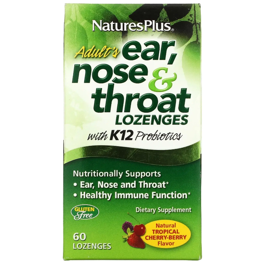 Добавка для вух, горла, носа зі смаком тропічної вишні / Adult's Ear Nose & Throat Lozenges Natural Tropical Cherry Berry, Nature's Plus, 60 льодяників