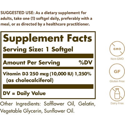 Вітамін D3 (холекальциферол) / Vitamin D3 (Cholecalciferol), Solgar, 250 мкг (10000 МО), 120 гелевих капсул