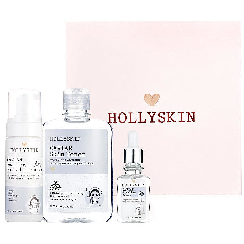 Набір Hollyskin Black Caviar Vitalize Basic Care (сироватка для обличчя, пінка для вмивання, тонік)