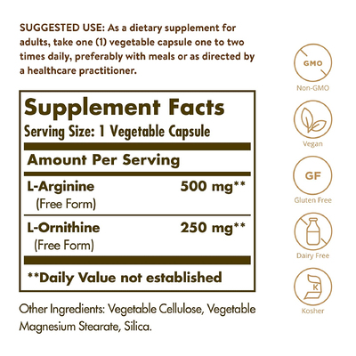 L-аргинин + L-орнитин / L-Arginine + L-Ornithine, Solgar, 500 мг + 250 мг, 50 вегетарианских капсул