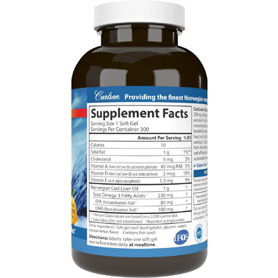 Жир печінки тріски з вітаміном А з лимонним смаком / Cod Liver Oil Gems Low Vitamin A Lemon Flavor, Carlson Labs, 300 гелевих капсул