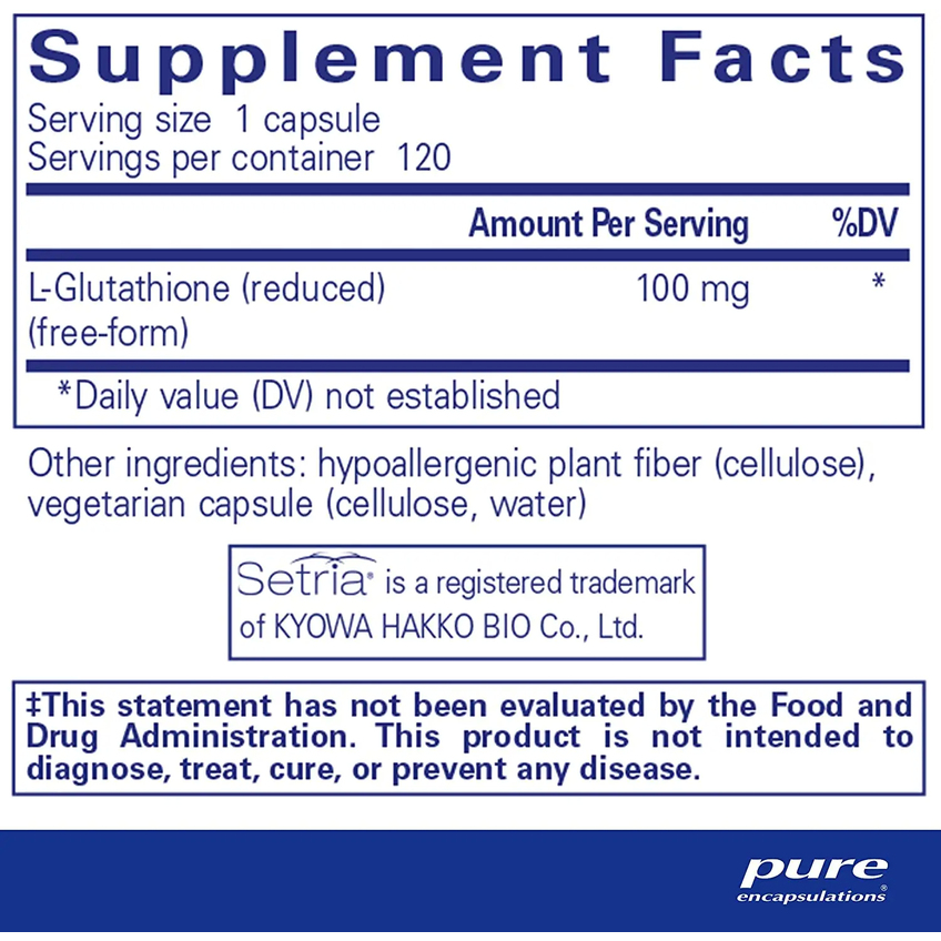 Сниженный глутатион / Reduced Glutathione, Pure Encapsulations, 100 мг, 120 капсул