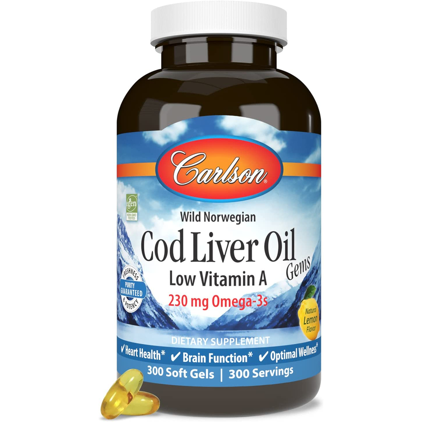 Жир печінки тріски з вітаміном А з лимонним смаком / Cod Liver Oil Gems Low Vitamin A Lemon Flavor, Carlson Labs, 300 гелевих капсул
