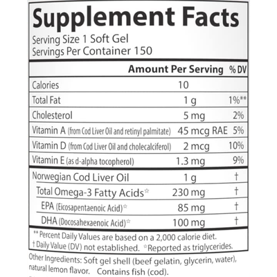 Жир печінки тріски з вітаміном А з лимонним смаком / Cod Liver Oil Gems Low Vitamin A Lemon Flavor, Carlson Labs, 150 гелевих капсул