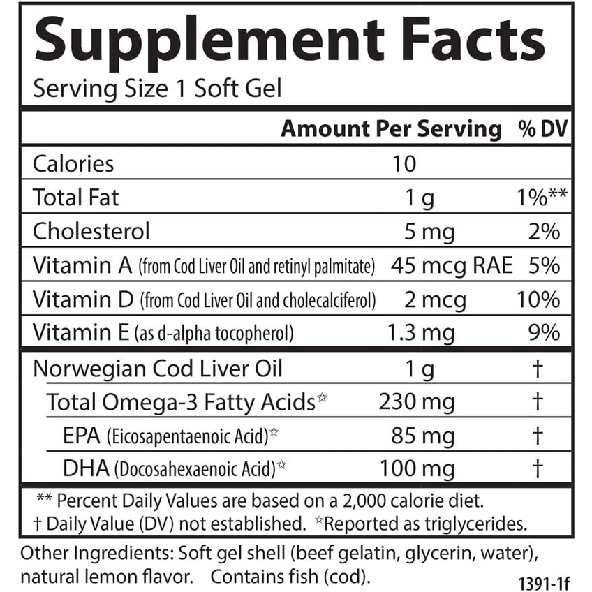 Жир печінки тріски з вітаміном А з лимонним смаком / Cod Liver Oil Gems Low Vitamin A Lemon Flavor, Carlson Labs, 150 гелевих капсул