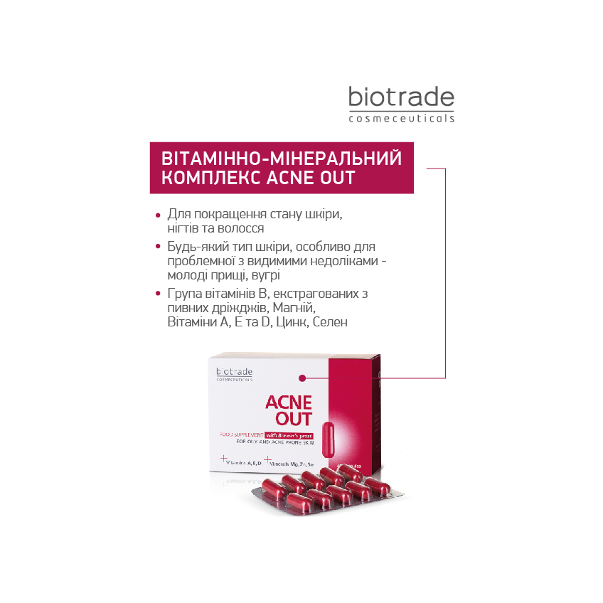 Витаминно-минеральный комплекс для жирной и подверженной акне кожи Biotrade Acne Out Buds, 30 капсул