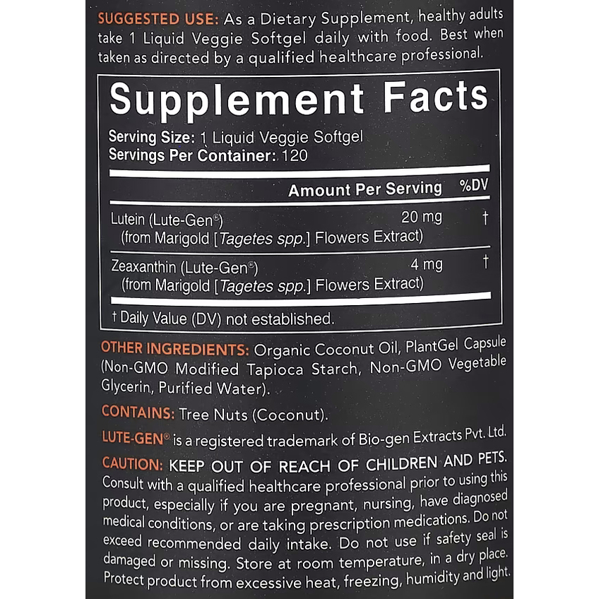Лютеин и зеаксантин с кокосовым маслом / Lutein and Zeaxanthin with Coconut Oil, Sports Research, 20 мг + 4 мг, 120 вегетарианских гелевых капсул