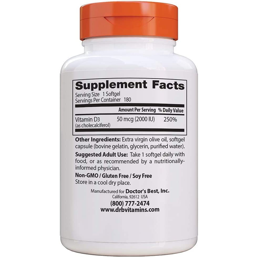 Витамин D3 / Vitamin D3, Doctor's Best, 50 мкг, 180 гелевых капсул