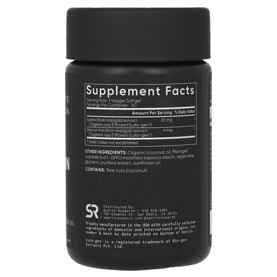 Лютеин и зеаксантин с кокосовым маслом / Lutein and Zeaxanthin with Coconut Oil, Sports Research, 20 мг + 4 мг, 30 вегетарианских гелевых капсул