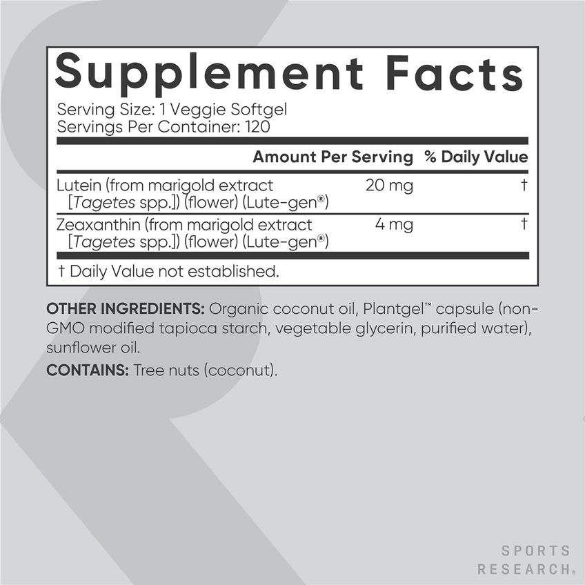 Лютеин и зеаксантин с кокосовым маслом / Lutein and Zeaxanthin with Coconut Oil, Sports Research, 20 мг + 4 мг, 120 вегетарианских гелевых капсул