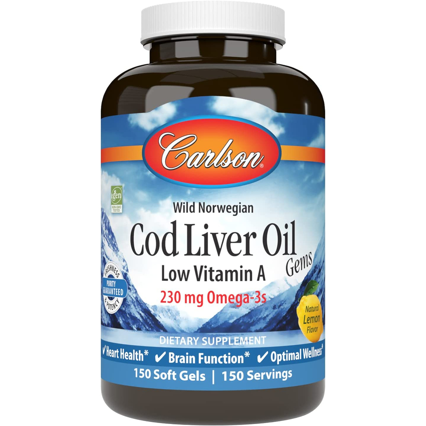 Жир печінки тріски з вітаміном А з лимонним смаком / Cod Liver Oil Gems Low Vitamin A Lemon Flavor, Carlson Labs, 150 гелевих капсул