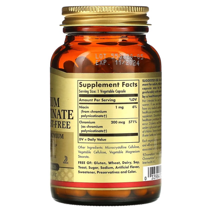 Полінікотинат хрому без дріжджів / Chromium Polynicotinate (yeast-free), Solgar, 200 мкг, 100 вегетаріанських капсул
