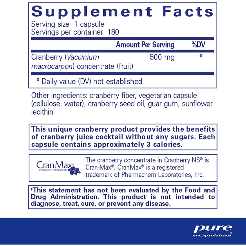 Клюква NS / Cranberry NS, Pure Encapsulations, 500 мг, 180 капсул