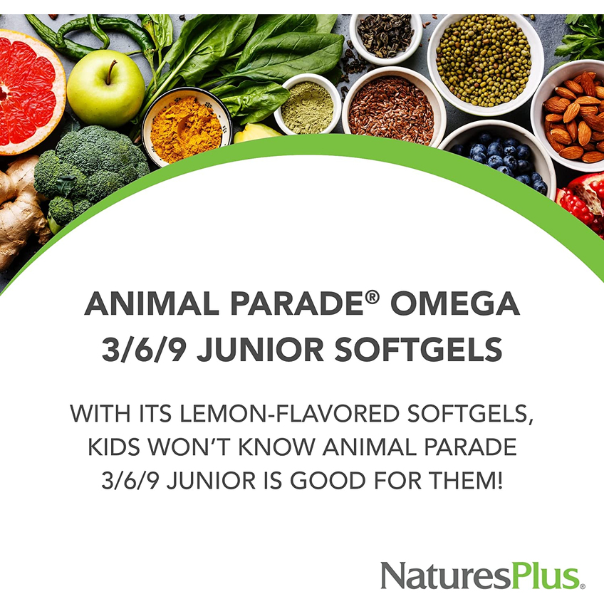 Омега-3-6-9 юниор со вкусом лимона / Source of Life Animal Parade Omega-3-6-9 Junior Lemon Flavor, Nature's Plus, 90 гелевых капсул