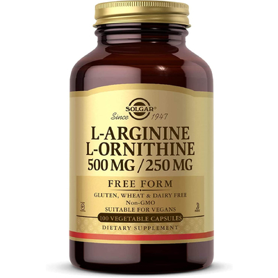 L-аргинин + L-орнитин / L-Arginine + L-Ornithine, Solgar, 500 мг + 250 мг, 100 вегетарианских капсул