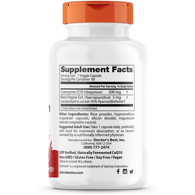 Высокоусвояемый коэнзим Q10 с биоперином / High Absorption CoQ10 with BioPerine, Doctor's Best, 200 мг, 60 капсул