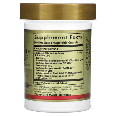 Улучшенный ацидофильный комплекс пробиотиков 40+ / Advanced 40+ Acidophilus, Solgar, 60 вегетарианских капсул