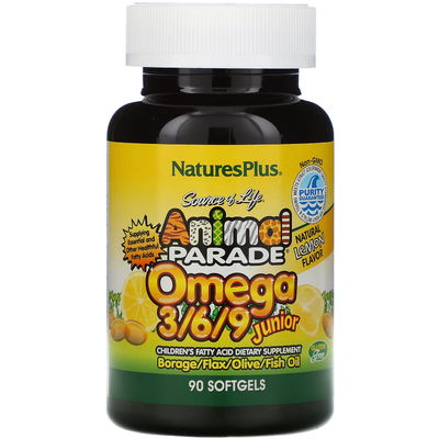 Омега-3-6-9 юниор со вкусом лимона / Source of Life Animal Parade Omega-3-6-9 Junior Lemon Flavor, Nature's Plus, 90 гелевых капсул