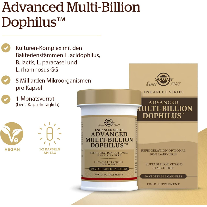 Улучшенный многомиллиардный пробиотик Дофилус / Advanced Multi-Billion Dophilus, Solgar, 60 вегетарианских капсул
