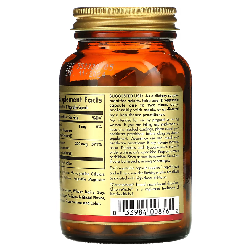 Полінікотинат хрому без дріжджів / Chromium Polynicotinate (yeast-free), Solgar, 200 мкг, 100 вегетаріанських капсул