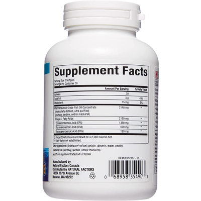 Сверхсильная Омега-3 из рыбьего жира / RxOmega-3 Ultra Strength, Natural Factors, 1075 мг, 60 гелевых капсул