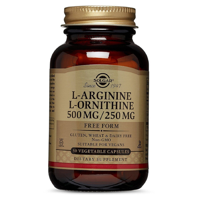 L-аргинин + L-орнитин / L-Arginine + L-Ornithine, Solgar, 500 мг + 250 мг, 50 вегетарианских капсул