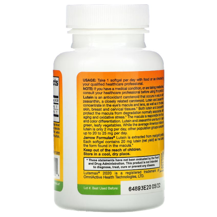 Лютеин / Lutein, Jarrow Formulas, 20 мг, 60 гелевых капсул