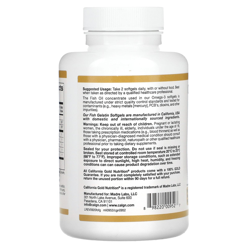 Омега-3, рыбий жир премиум-класса / Omega-3 Premium Fish Oil, California Gold Nutrition, 100 гелевых капсул