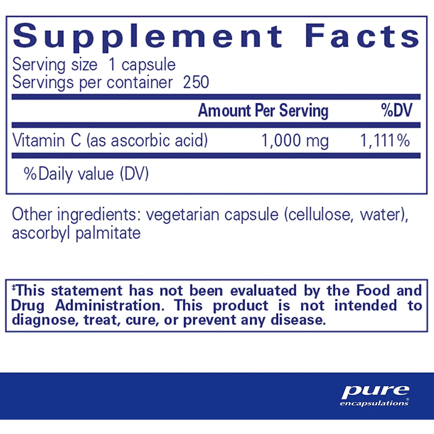 Аскорбиновая кислота / Ascorbic Acid, Pure Encapsulations, 1000 мг, 250 капсул