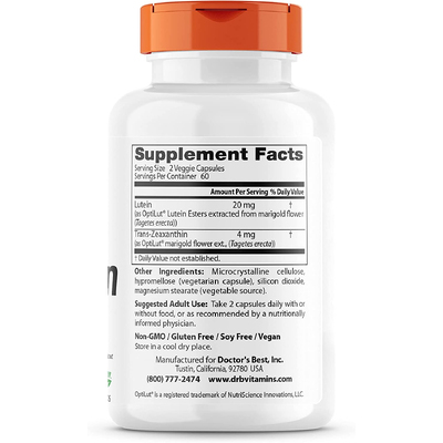 Лютеин / Lutein, Doctor's Best, 20 мг, 120 капсул