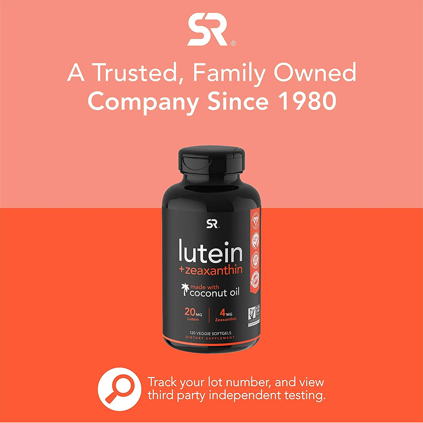 Лютеин и зеаксантин с кокосовым маслом / Lutein and Zeaxanthin with Coconut Oil, Sports Research, 20 мг + 4 мг, 120 вегетарианских гелевых капсул